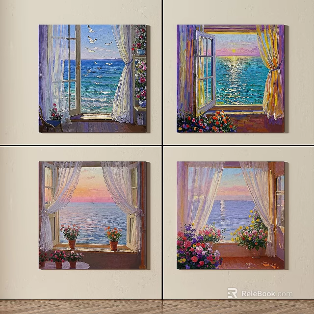 Beautiful Oil Paintings Of Window Sea View With Curtains Flowers And Sunset Scenery 3d model 