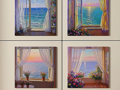 Beautiful Oil Paintings Of Window Sea View With Curtains Flowers And Sunset Scenery 3d model