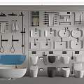 Modern Bathroom Suite With Bathtub Sinks Toilets Showerheads Towel Racks And Shelves