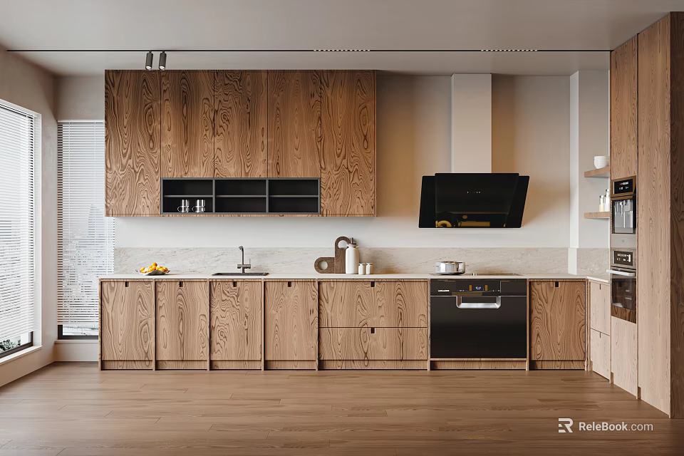 Modern Open Concept Kitchen Interior With Wooden Cabinets Island And Appliances 3d model 