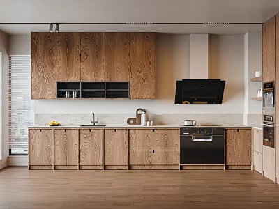 Modern Open Concept Kitchen Interior With Wooden Cabinets Island And Appliances 3d model