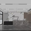 Modern Luxury Office Reception Area With Marble Counter And Large Panoramic City View Window