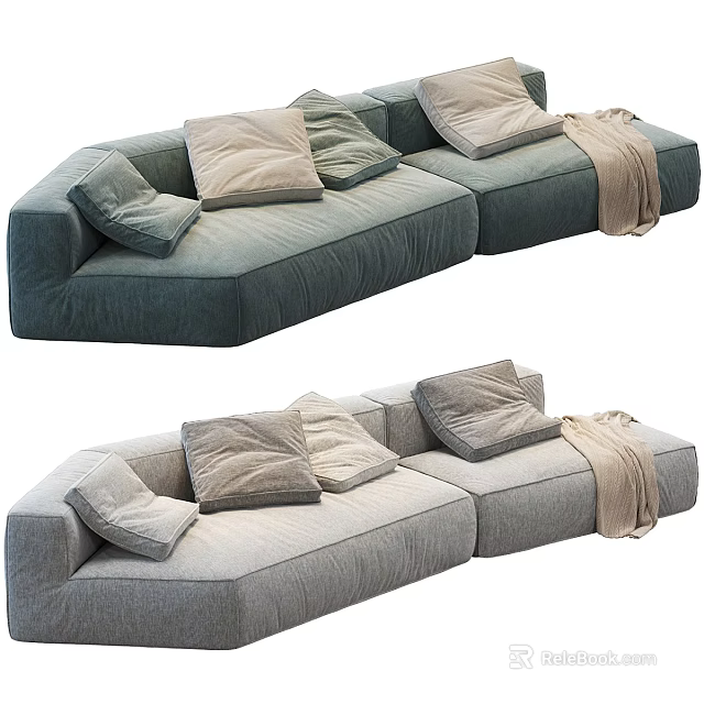 Cozy Sectional Sofa With Soft Pillows And Blanket In Green And Gray Tones 3d model 