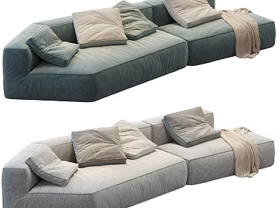 Cozy Sectional Sofa With Soft Pillows And Blanket In Green And Gray Tones 3d model