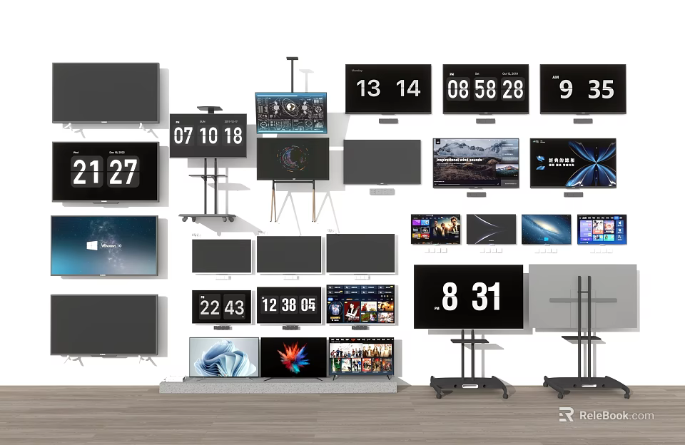 Variety of TVs Displayed in Different Styles and Sizes 3d model
