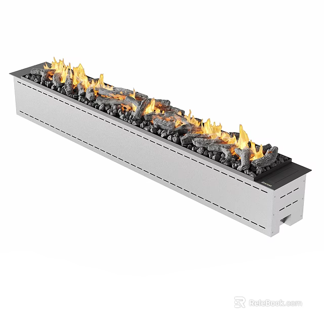 Linear Modern Fireplace Design With Burning Flames And Black Logs 3d model 