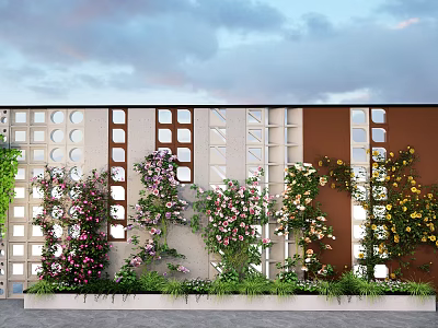 Flower Plants Climbing On Geometric Patterned Wall With Pink White Yellow Blooms And Green Foliage 3d model