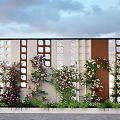 Flower Plants Climbing On Geometric Patterned Wall With Pink White Yellow Blooms And Green Foliage