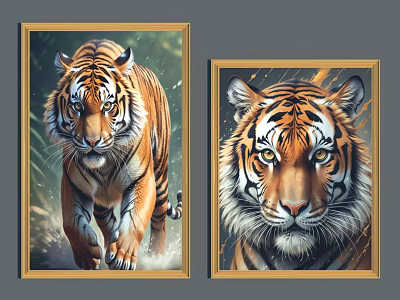 Two Framed Tiger Artworks Featuring Walking Tiger And Close Up Portrait With Golden Frames 3d model