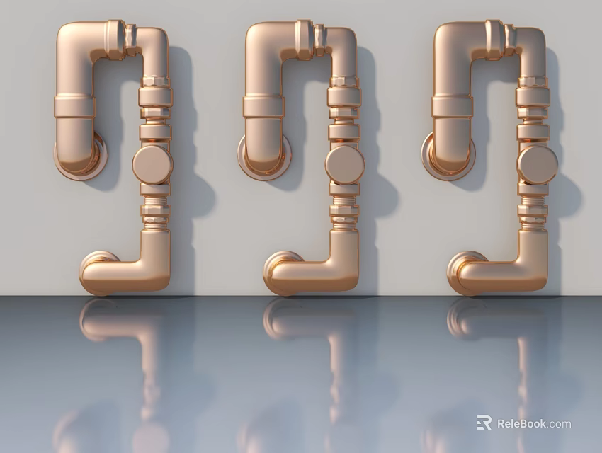 Brass Swing Door Hardware In Modern Design With Three Pieces On Wall And Reflection 3d model 