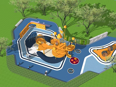 Colorful Children's Play Area With Slides Climbing Structures And Green Trees 3d model