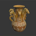Decorative Orange Vase With Multiple Animal Heads And Intricate White Patterns 3d model