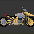 Unique Futuristic Yellow Motorcycle With Red Seat Black Tires And Metal Frame