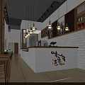 Warm Restaurant Interior Featuring Bar Counter Hanging Lights White Tile Walls And Wooden Stools