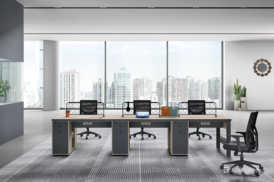 Modern Open Office Interior Design With Large Windows City View Office Desks And Chairs 3d model 