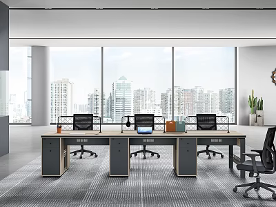 Modern Open Office Interior Design With Large Windows City View Office Desks And Chairs 3d model