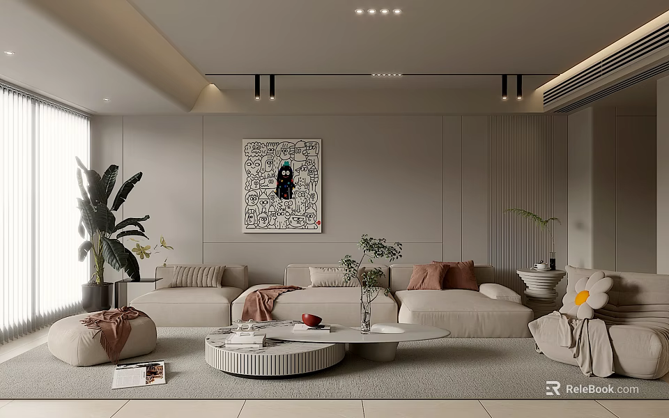 Modern Living Room Interior Design With Beige Sofa Round Coffee Table And Green Plants 3d model 