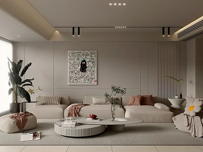 Modern Living Room Interior Design With Beige Sofa Round Coffee Table And Green Plants 3d model
