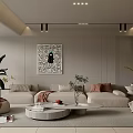 Modern Living Room Interior Design With Beige Sofa Round Coffee Table And Green Plants