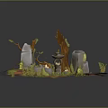 Cartoon Fantasy Scene With Enchanting Tree Trunks Mossy Stones And Luminous Lantern On Vibrant Grass
