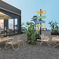 Black Exterior Container Building for Campsite Barbecue with Bar Counter Stools and Green Plants