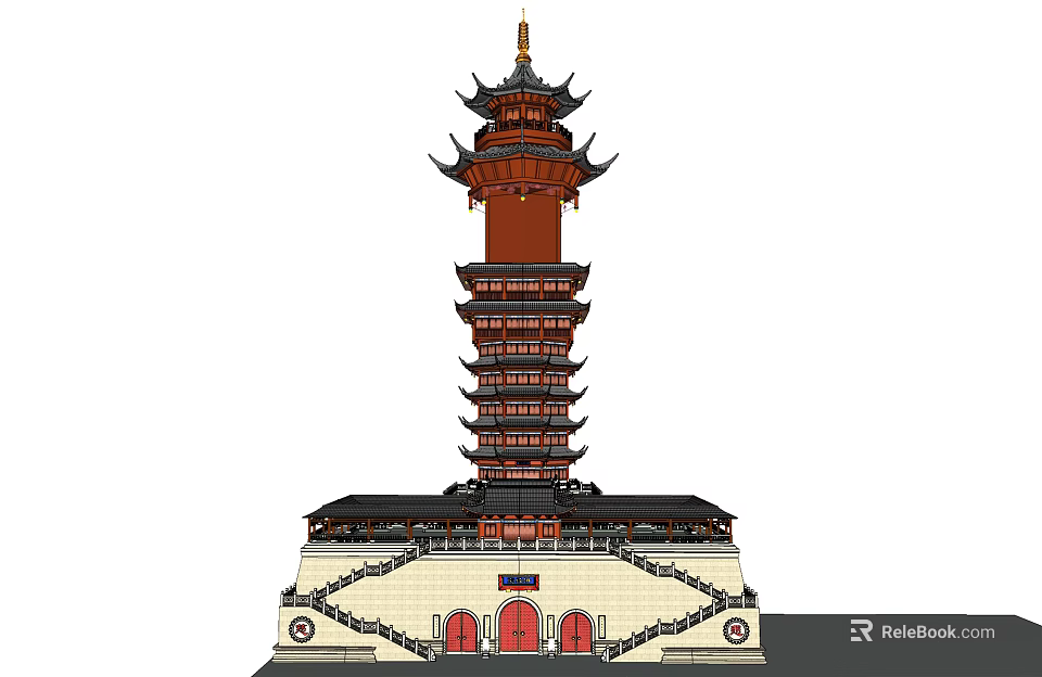 Ancient Chinese Pagoda With Multiple Tiers Overhanging Eaves And Red Doors On Base 3d model 