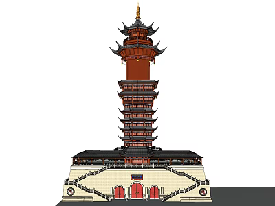 Ancient Chinese Pagoda With Multiple Tiers Overhanging Eaves And Red Doors On Base 3d model