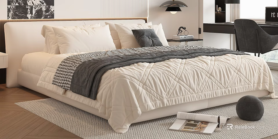 Stylish Double Bed with White Pillows Gray Pillow Plaid Blanket and Ivory Diamond Stitch Quilt 3d model 