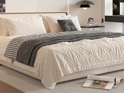 Stylish Double Bed with White Pillows Gray Pillow Plaid Blanket and Ivory Diamond Stitch Quilt 3d model