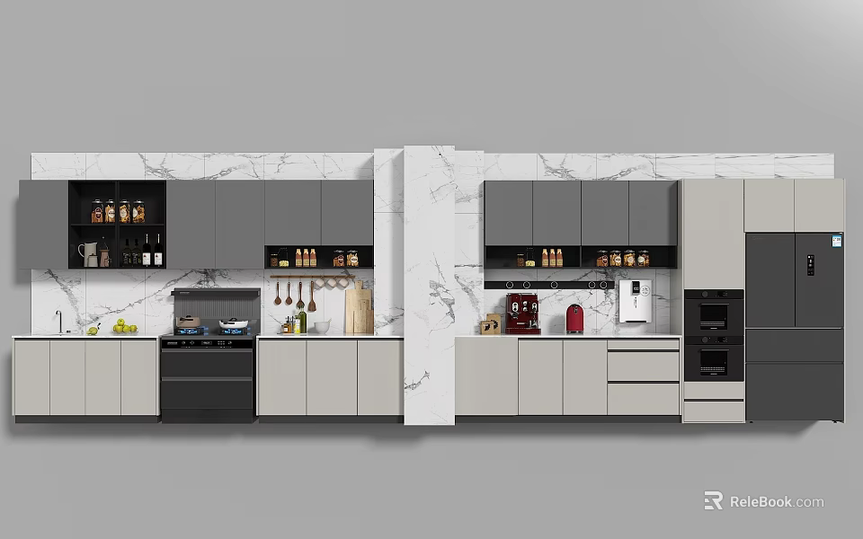 Contemporary Kitchen Elegant Kitchenware With Marble Surfaces Cabinets Shelves And Stainless Steel Appliances 3d model 