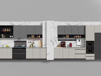 Contemporary Kitchen Elegant Kitchenware With Marble Surfaces Cabinets Shelves And Stainless Steel Appliances 3d model
