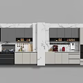 Contemporary Kitchen Elegant Kitchenware With Marble Surfaces Cabinets Shelves And Stainless Steel Appliances