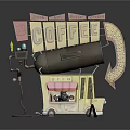 Coffee Cart Display Scene With Large Coffee Sign Pink Awning And Round Platform