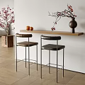 Modern Wooden Bar Counter With Two Bar Stools And Decorative Plants On White Wall