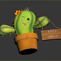 Green Cactus With Smiling Face And Orange Flower In Orange Pot Wooden Sign Free Hugs