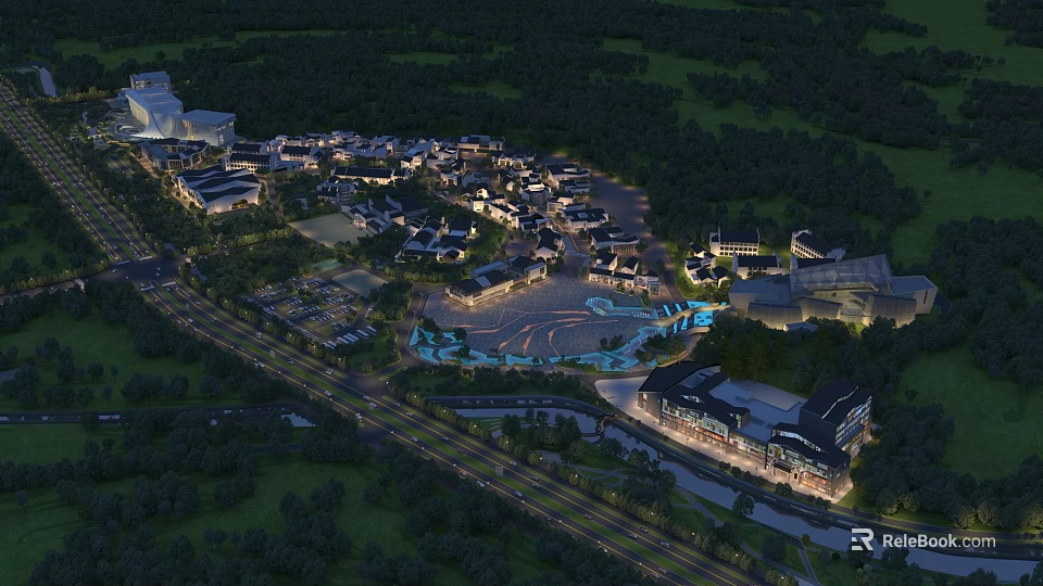 Aerial View Planning of Urban Building Complex With Road Network Green Spaces and Water Features 3d model 