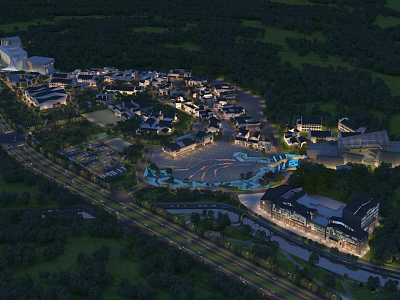 Aerial View Planning of Urban Building Complex With Road Network Green Spaces and Water Features 3d model