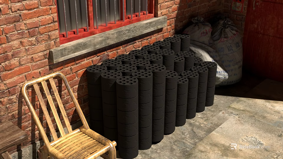 Black Cylindrical Blocks Stacked By Red Brick Wall With Bamboo Chair And Sacks 3d model 