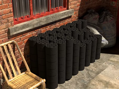 Black Cylindrical Blocks Stacked By Red Brick Wall With Bamboo Chair And Sacks 3d model