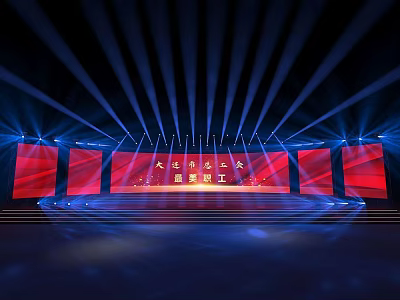 Stage Design for Evening Event Featuring Red Screen Text and Blue Lighting 3d model
