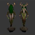 Mythical Antlered Nature Character With Green Long Hair Leafy Decorations And Root Pedestal
