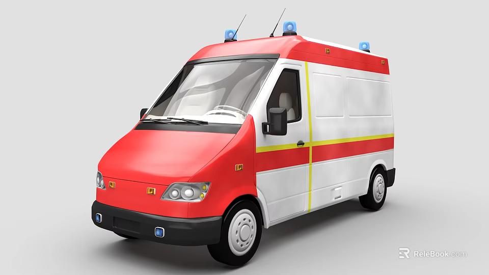 Red and White Ambulance with Blue Emergency Lights and Yellow Stripes On Body Exterior View 3d model 