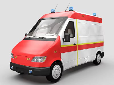 Red and White Ambulance with Blue Emergency Lights and Yellow Stripes On Body Exterior View 3d model