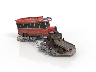 Red Bus With Old Truck Surrounded By Rubble And Debris In Abandoned Scene 3d model