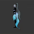 Futuristic Female Character With White Hair Blue Flowing Ribbons And Black Tight Fitting Outfit