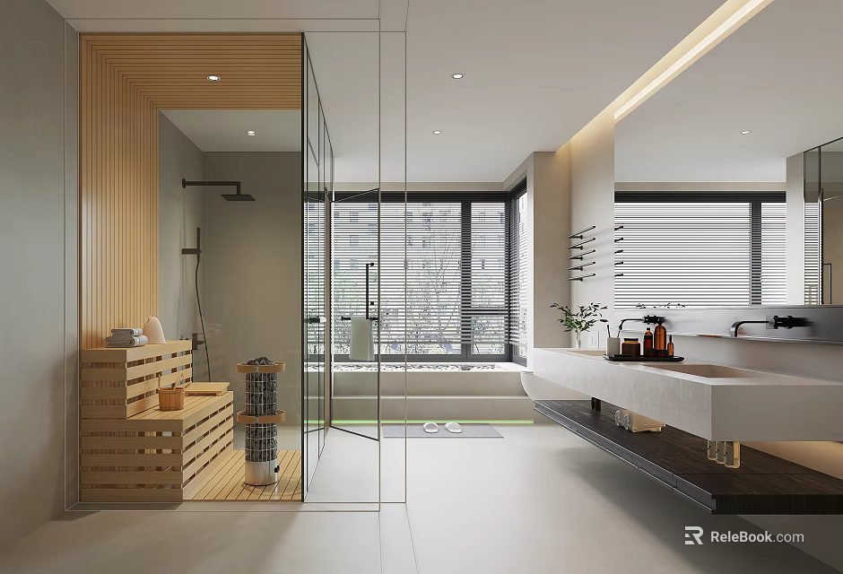 Modern Bathroom With Wooden Storage Glass Partition Large Windows And Double Vanities 3d model 