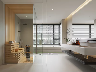 Modern Bathroom With Wooden Storage Glass Partition Large Windows And Double Vanities 3d model