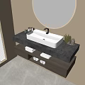 Modern Bathroom Vanity With Gray Countertop White Basin Round LED Mirror And Storage Towels