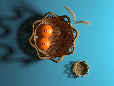 Small Decorative Ceramic Vessel With Wicker Basket Oranges And Pampas Grass On Blue Background 3d model