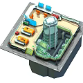 Cartoon Scene Featuring Colorful Building Layout Control Consoles Tower Structure Green Equipment And Blue Panels